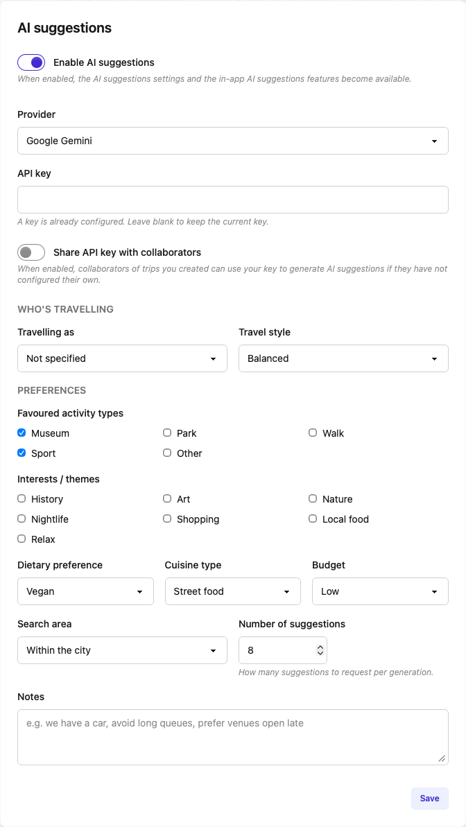 AI suggestions settings